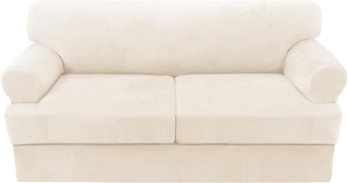 H.VERSAILTEX Sofa Cover 3 Piece T Cushion Sofa Slipcovers Thick Velvet Couch Cover Stretch T Cushion Sofa Covers for 2 Cushion Couch with 2 Individual T Cushion Covers, Cream