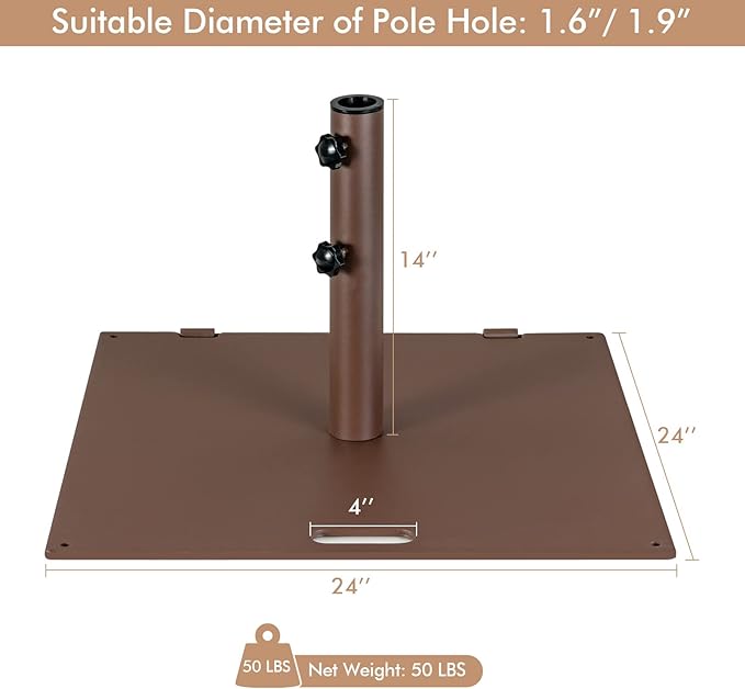 HAPPYGRILL 50 LBS Patio Umbrella Base, 24” Outdoor Square Market Umbrella Base Umbrella Holder with 1.6”/1.9” Adapters, 2 Tightening Knobs, 2 Built-in Wheels, Carry Handle