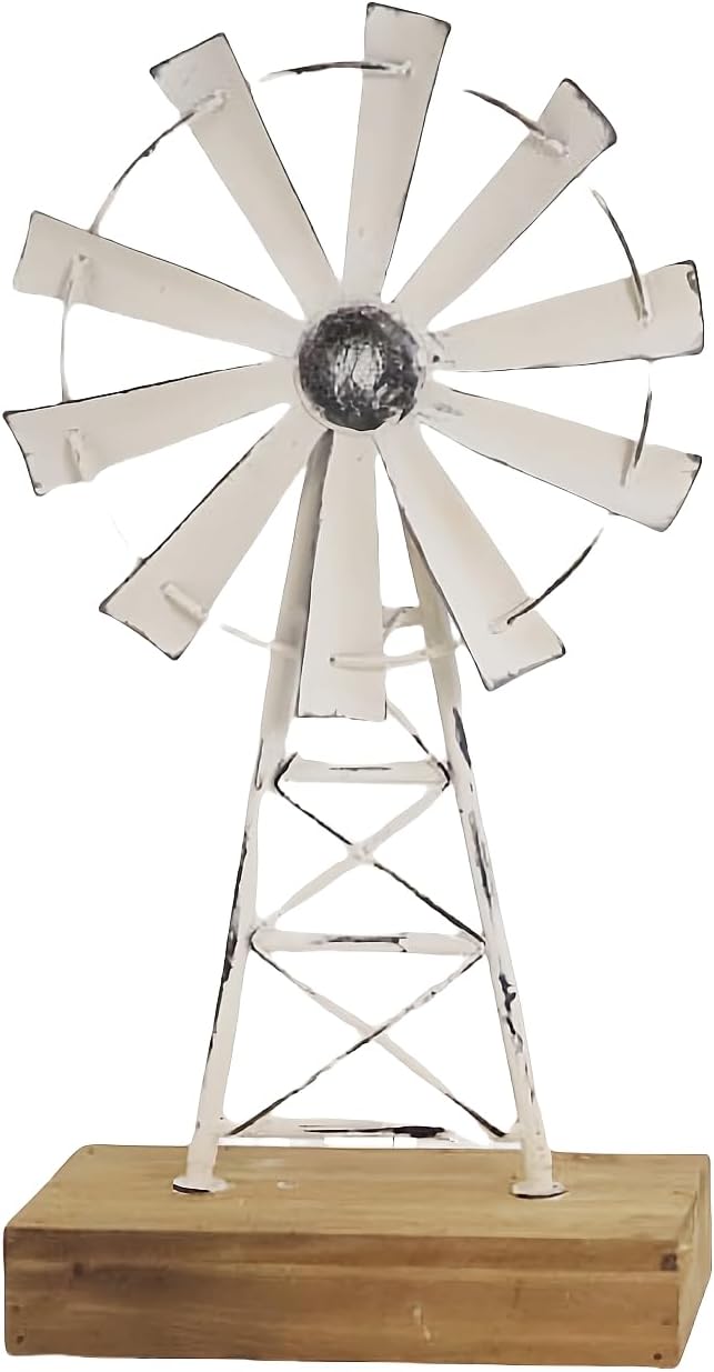 Rustic White Farmhouse Windmill Table Decor - Distressed Metal & Wood Windmill for Kitchen, Living Room, Office, or Shelf Decoration