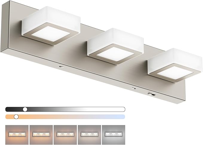 Ralbay 5 Color Temperature Brushed Nickel Bathroom Vanity Lights Dimmable Acrylic Modern LED Brushed Nickel Bathroom Wall Lighting Fixtures 3 Lights