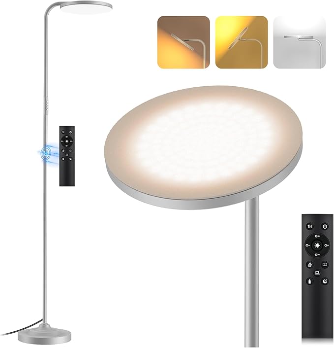 36W LED Floor Lamp, Upgrade Super Bright Standing Lamp, Modern Stepless Dimmable Torchiere Tall Lamp with Remote Control, 350°Rotating Head Reading Floor Lamp for Living Room, Bedroom, Office