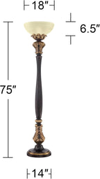 Barnes and Ivy Rita Traditional Victorian Torchiere Floor Lamp 75" Tall Carved Wood Amber Glass Shade Foot Dimmer Standing Light for Living Room Reading House Bedroom Home Office