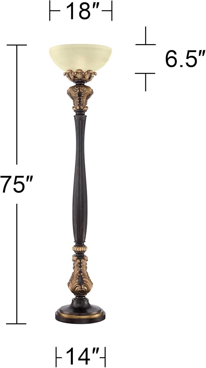 Barnes and Ivy Rita Traditional Victorian Torchiere Floor Lamp 75" Tall Carved Wood Amber Glass Shade Foot Dimmer Standing Light for Living Room Reading House Bedroom Home Office