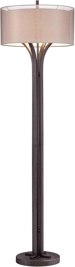 Franklin Iron Works Tristan Modern Standing Floor Lamp 64" Tall Bronze Metal Sheer Brown Textured Linen Fabric Double Drum Shades Decor for Living Room Reading House Bedroom Home
