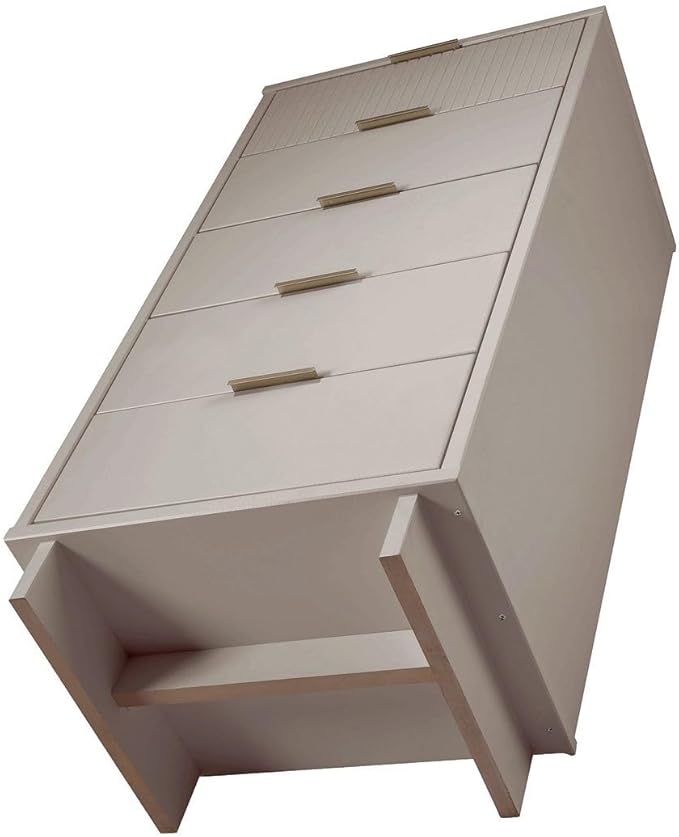 Manhattan Comfort Granville 24-Inch Modern Tall Dresser with 5 Full Extension Soft Close Drawers, Textured Ribbed Lines Design Made of Solid Wood with Gold Accent, TV Stand for Bedroom, Light Grey