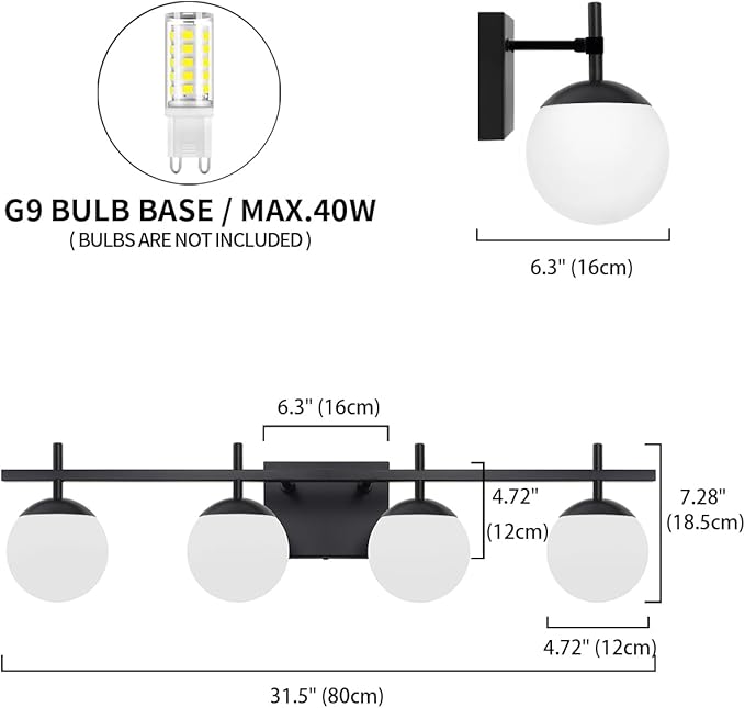 4-Light Modern Black Vanity Light for Bathroom, White Frosted Glass Bathroom Lighting Fixtures Over Mirror Vanity Lights Globe Wall Lamp Sconces for Hallway Stairway Living Room 31.5 Inch