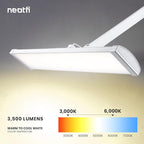 Neatfi LED Desk Lamp, 3,500 Lumens, 3 Light Modes, Dimmable, 45W, 26” Wide Shade, 540 SMD LEDs, Eye-Caring Task Lamp for Reading, Crafting, Workbench, Office (CCT with Clamp, White)