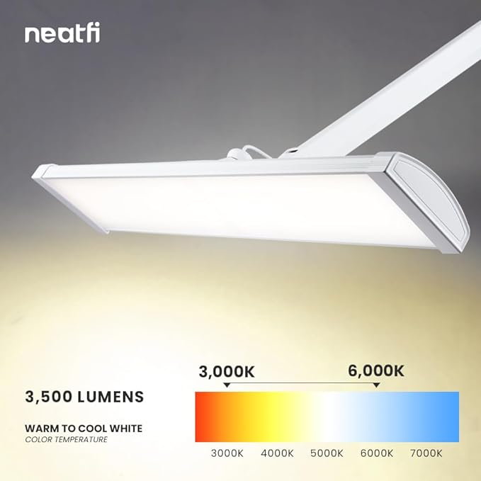Neatfi LED Desk Lamp, 3,500 Lumens, 3 Light Modes, Dimmable, 45W, 26” Wide Shade, 540 SMD LEDs, Eye-Caring Task Lamp for Reading, Crafting, Workbench, Office (CCT with Clamp, White)