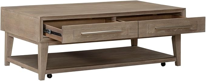 Liberty Furniture Brentwood Cocktail Table with Drawer Storage for Living Room - Sandstone Oak Wood