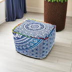 CRAFT KALA Indian Square Patchwork Traditional Pouf Cover Indian Living Room Poufs Cover Decorative Designer Ottoman Pom Pom Home Living Footstool Chair Cover Ottoman Decor 18X18X14 inches, Blue Ombre