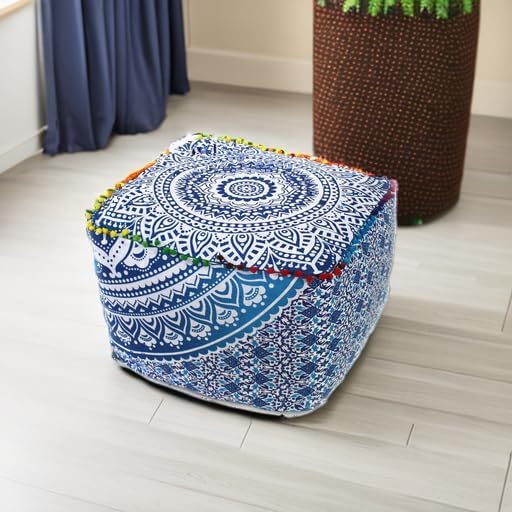 CRAFT KALA Indian Square Patchwork Traditional Pouf Cover Indian Living Room Poufs Cover Decorative Designer Ottoman Pom Pom Home Living Footstool Chair Cover Ottoman Decor 18X18X14 inches, Blue Ombre