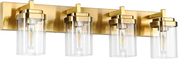 Vanity Light Fixture,4-Light Vanity Light for Bathroom,Brushed Gold Bathroom Vanity Lighting Over Mirror with Square Clear Glass Shade for Restroom