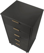 Manhattan Comfort Granville 24-Inch Modern Tall Dresser with 5 Full Extension Soft Close Drawers, Textured Ribbed Lines Design Made of Solid Wood with Gold Accent, TV Stand for Bedroom, Dark Grey