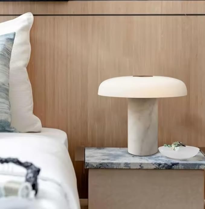 Mushroom Table Lamp | Solid Marble White Base & Frosted Glass Shade | 3000K Warm White LED | Modern Lamp for Bedroom, Living Room, Office, Entryway, Desk, Small Spaces