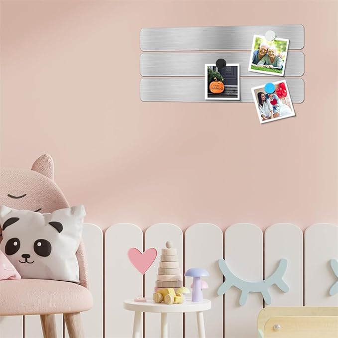 Magnetic Bulletin Strips 5PCS Self Adhesive Frameless Stainless Iron Bulletin Board Bar with 10 Magnetic Buttons for Memo Photo Notes Office School Home