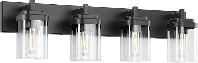 Vanity Light Fixture,4-Light Vanity Light for Bathroom,Matte Black Bathroom Vanity Lighting Over Mirror with Square Clear Glass Shade for Restroom