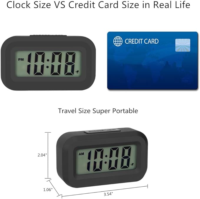 FAMICOZY Small Digital Travel Alarm Clock,Simple Operation,Easy to Read,Ascending Alarm,12/24Hr,Snooze Soft Light for Bedside,AAA Battery Operated,Black