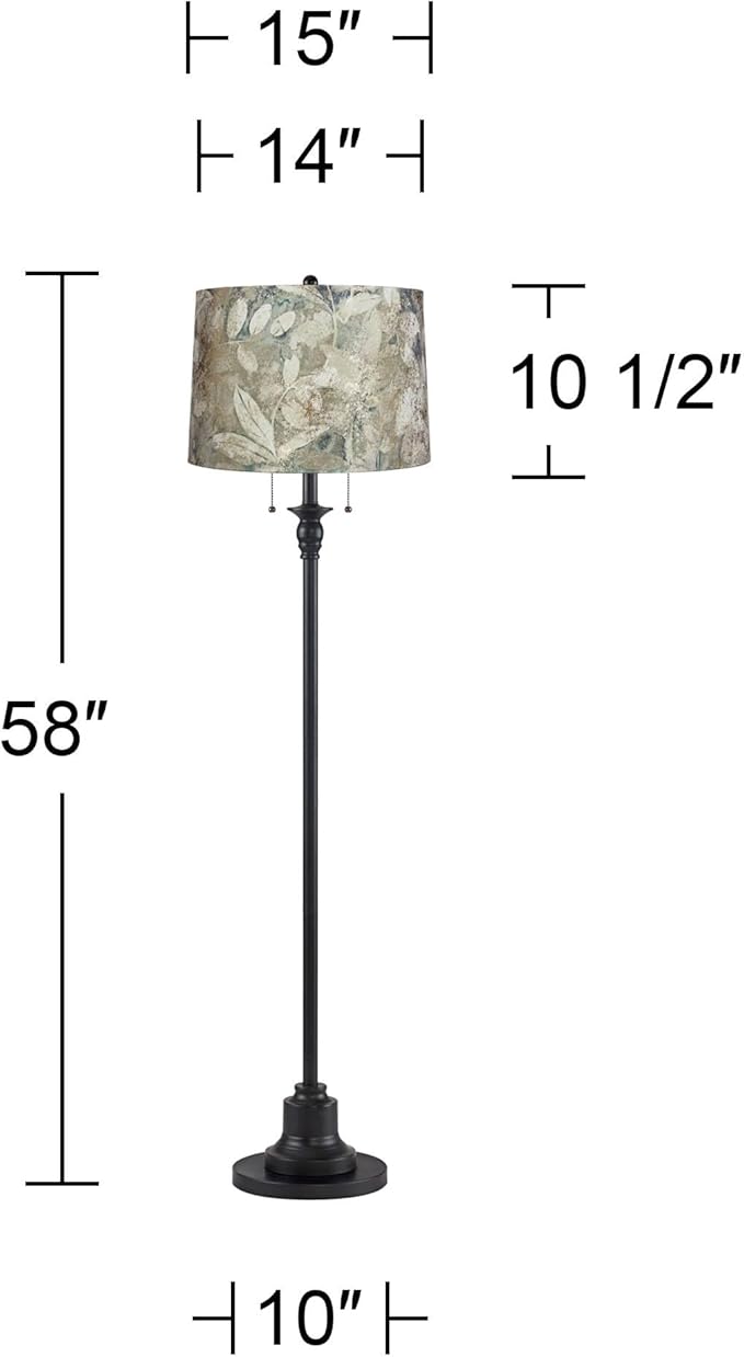 360 Lighting Dyna Traditional 58" Tall 2-Light Standing Floor Lamp Skinny Pole Pull Chain Black Finish Living Room Bedroom House Reading Office Home Decor Entryway Dining Botanical Velvet Shade
