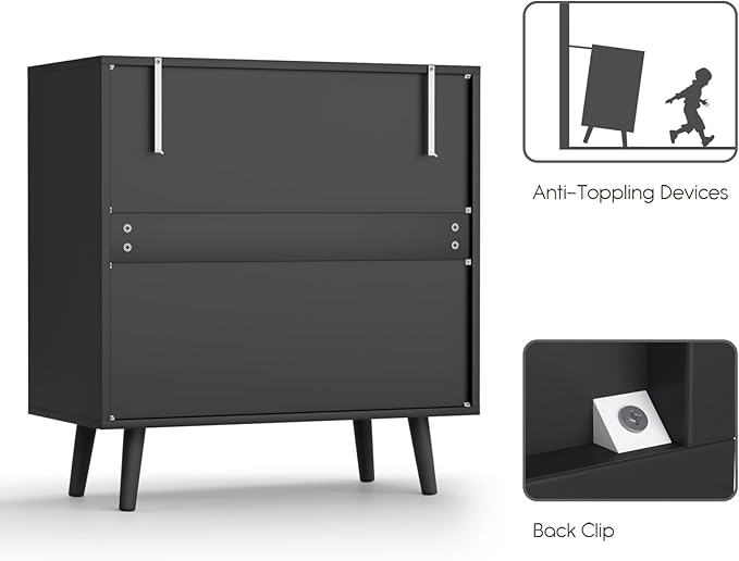 Anmytek Black Dresser for Bedroom with 3 Drawers, Modern Wood 3 Drawer Dresser, Black Chest of Drawer with Spacious Storage Rattan Dresser for Bedroom Living Room H0075