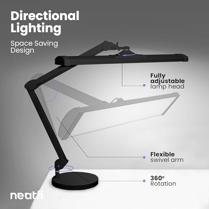 Neatfi LED Desk Lamp, 3,500 Lumens, 3 Light Modes, Dimmable, 45W, 26” Wide Shade, 540 SMD LEDs, Eye-Caring Task Lamp for Reading, Crafting, Workbench, Office (CCT with Base, Black)
