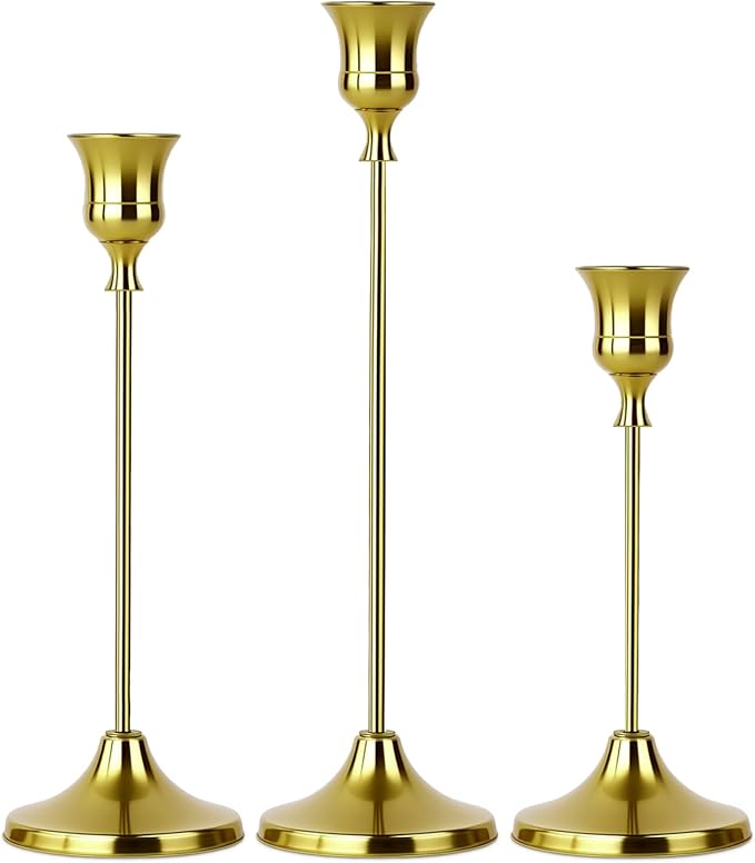 Set of 3 Brass Tapered Candle Holder,Candlestick Tall Metal Candlestick Holders for Table Centerpiece Home Decor for Wedding Fireplace Mantel Housewarming Gift Fits 3/4 Inch Thick Candles