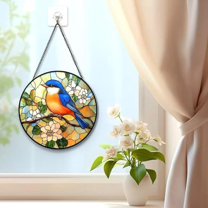 Bluebird Stained Glass Suncatcher – Tiffany Style Blue & Orange Bird Window Hanging, Round Glass Sun Catcher with Flowers for Home Window Decor, Nature Lover Gift