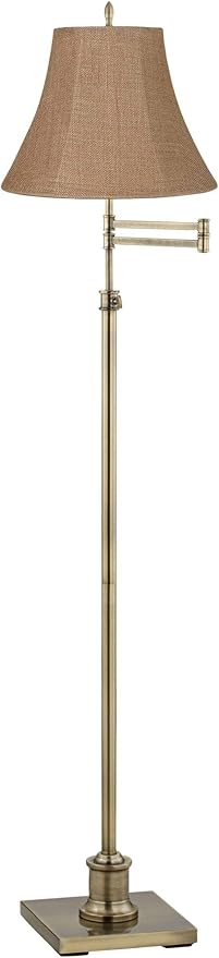 360 Lighting Westbury Traditional Swing Arm Floor Lamp Adjustable Height Standing 70" Tall Antique Brass Natural Burlap Fabric Bell Shade Decor for Living Room Reading House Bedroom Home