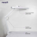 Neatfi Task Lamp – 2,500 Lumens, 30W, 22-Inch Wide Shade, 4 Brightness Levels, Eye-Caring Light, Clamp Mount, LED Task Light for Manicure Table, Crafts, Workbench, Office (Non-CCT, White)