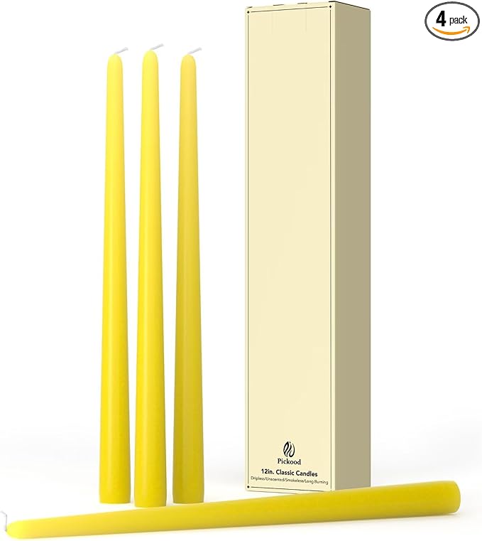 12-Inch Tall Dripless Taper Candles Set of 4 - Yellow Tapered Candles, Perfect for Spring - Smokeless, Unscented, Long Burning - Hand Poured, Colored Tall Candlesticks - Light Yellow