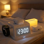 IHAO 6in1Digital Alarm Clock with Wireless Charging Station Night Light 15W Fast Charging for Qi Phone Headphone Bracket for iWatch LED Display Dimmable Brightness-HT309 White