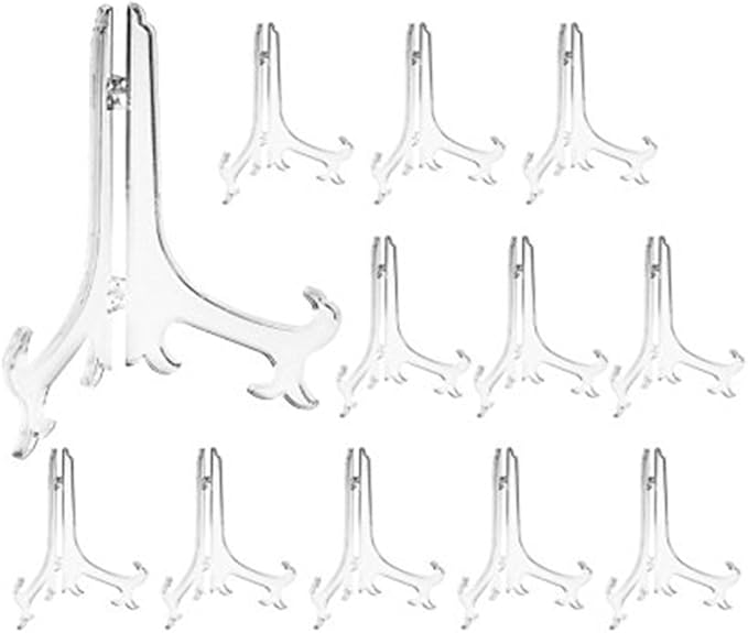 Artliving 4 Inch Clear Plastic Easels or Stand/Plate Holders to Display Pictures or Other Items at Weddings, Home Decoration, Birthdays, Tables (12 Pack)