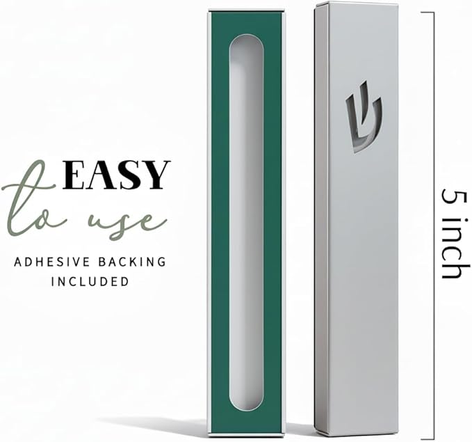 SURI Mezuzah on Door – 5 Inch Silver Aluminum Mezuzah Case with Printed Scroll, Open-Back Design for Indoor Use, Self-Stick Adhesive, Fits a 4 Inch Scroll, Gift Box Included