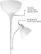 Globe Electric 67136 72" Torchiere Floor Lamp with Adjustable Reading Light, Matte White Finish, Frosted Shades, Rotary Switch on Socket, E26 Base
