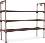 3 Tier Shoe Rack for Closet Shoe Organizer with 5 Hooks, Long Shoe Shelf Storage for Shoe and Boot Stackable Free Standing Shoe Rack for Entryway, Garage, Small Spaces, Dorm, Brown