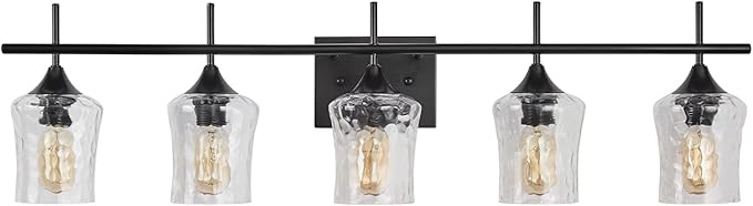 Modern Glass Vanity Light Fixture,5 Light Industrail Black Metal Vanity Light for Bathroom Bedroom Living Room