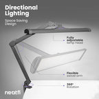 Neatfi LED Desk Lamp, 3,500 Lumens, 3 Light Modes, Dimmable, 45W, 26” Wide Shade, 540 SMD LEDs, Eye-Caring Task Lamp for Reading, Crafting, Workbench, Office (CCT with Clamp, Silver)