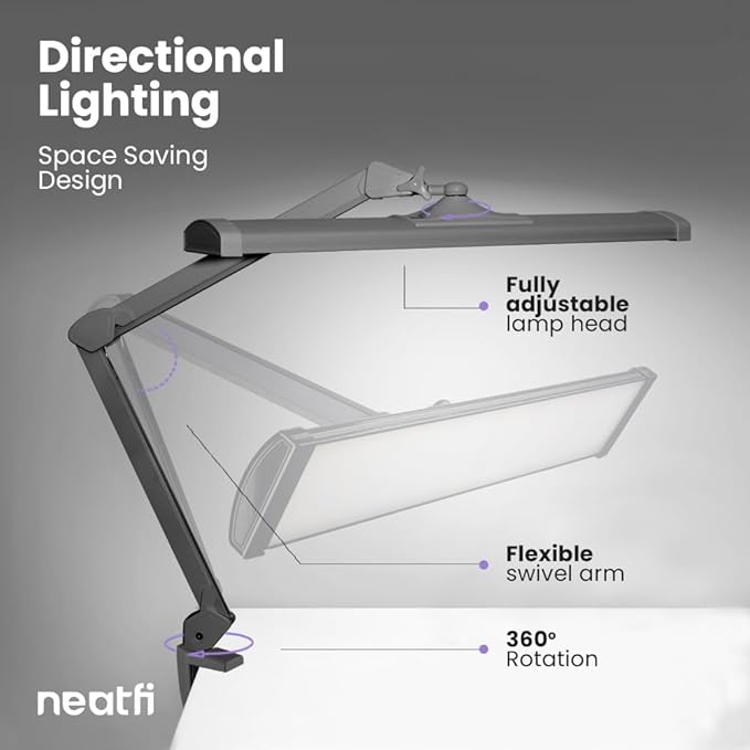 Neatfi LED Desk Lamp, 3,500 Lumens, 3 Light Modes, Dimmable, 45W, 26” Wide Shade, 540 SMD LEDs, Eye-Caring Task Lamp for Reading, Crafting, Workbench, Office (CCT with Clamp, Silver)