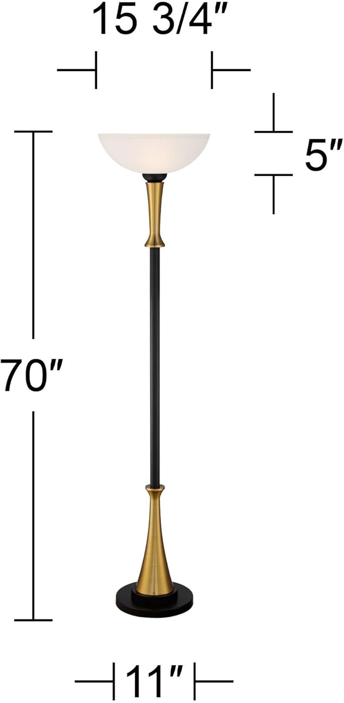 Possini Euro Design Burbank Modern Mid Century Art Deco Torchiere Floor Lamp Standing 70" Tall Black Brass Metal Frosted White Glass Bowl Shade for Living Room Reading House Bedroom Home Office