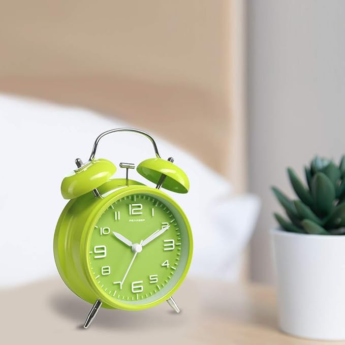 Peakeep 4 Inches Twin Bell Loud Alarm Clock for Heavy Sleepers, Battery Operated Old Fashioned Alarm Clock (3D-Dial, Green)