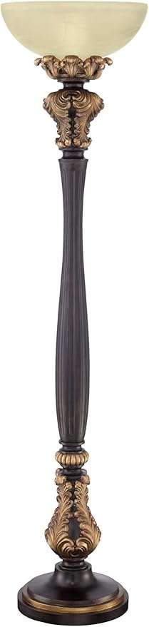 Barnes and Ivy Rita Traditional Victorian Torchiere Floor Lamp 75" Tall Carved Wood Amber Glass Shade Foot Dimmer Standing Light for Living Room Reading House Bedroom Home Office