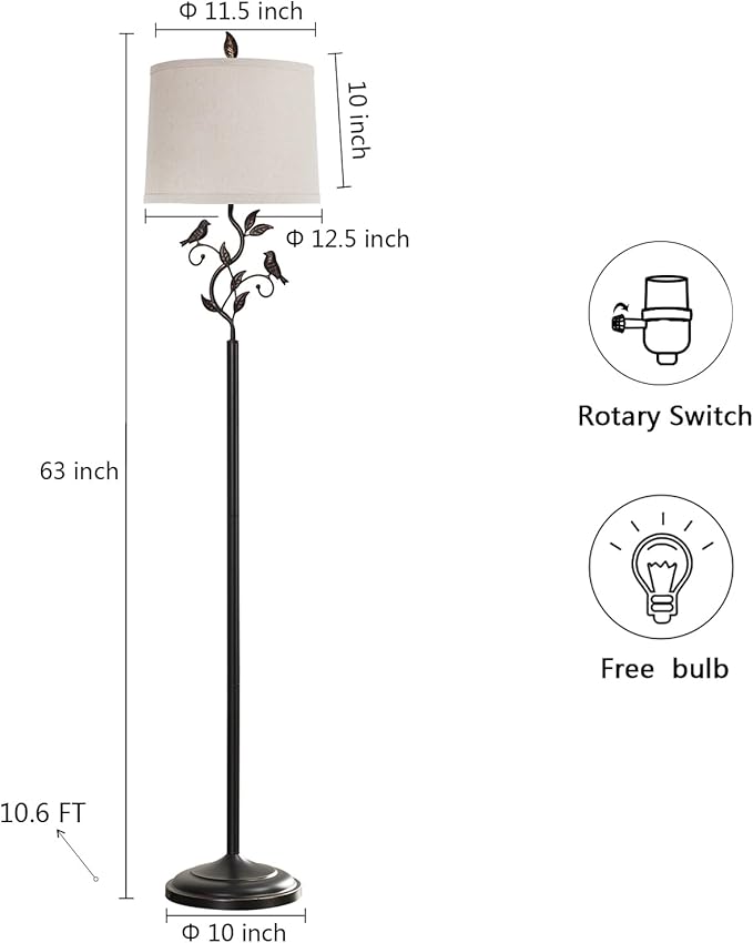 RORIANO 63" Rustic Leaf Floor Lamp for Living Room, Unique Bird Tall Standing Lamp with Rotary Switch, Vintage Floor Lamps for Bedroom Study Room, Bulb Included