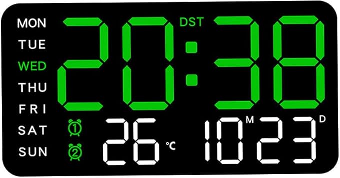 Multifunctional Decorative Led Digital Wall Clock,Large Digital Clock Shows Time,Date,Temperature,Auto Brightness Adjustment,Dual Alarms,Electronic Clock for Livingroom (Green lamp with black shell)