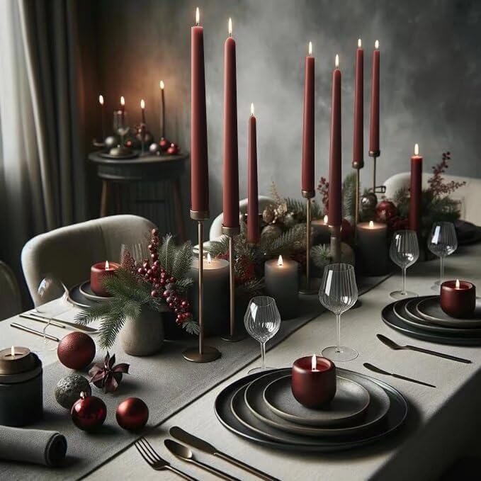 10-Inch Tall Dripless Taper Candles Set of 4 - Dark Red Tapered Candles, Perfect for Christmas - Smokeless, Unscented, Long Burning - Hand Poured, Colored Tall Candlesticks - Bordeaux
