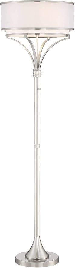 Possini Euro Design Candice Modern Standing Floor Lamp 64" Tall Brushed Nickel Dual Silver Organza White Linen Fabric Drum Shade Decor for Living Room Reading House Bedroom Home