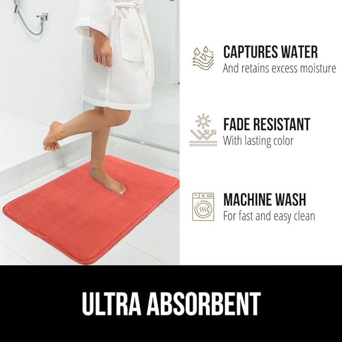 GORILLA GRIP Memory Foam Bath Mat, Soft Absorbent Velvet Bathroom Mats, Durable Dots on Underside, Machine Washable Bathmat, Carpet Rug Room Decor for Shower Tub Floor RV, 24x17 Rugs, Coral