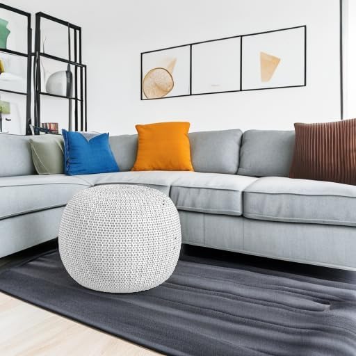 Urban Lifestyle Round Knit Pouf - Hand Woven Cotton, Ivory