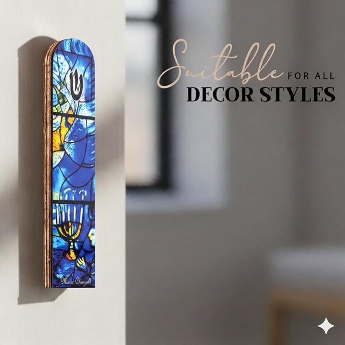 SURI Wooden Mezuzah with Printed Scroll for Door – 5 Inch Chagall Inspired Blue Jewish Door mezuzah Cover, Self-Stick Adhesive, Fits a 4 Inch Scroll, Gift Box Included
