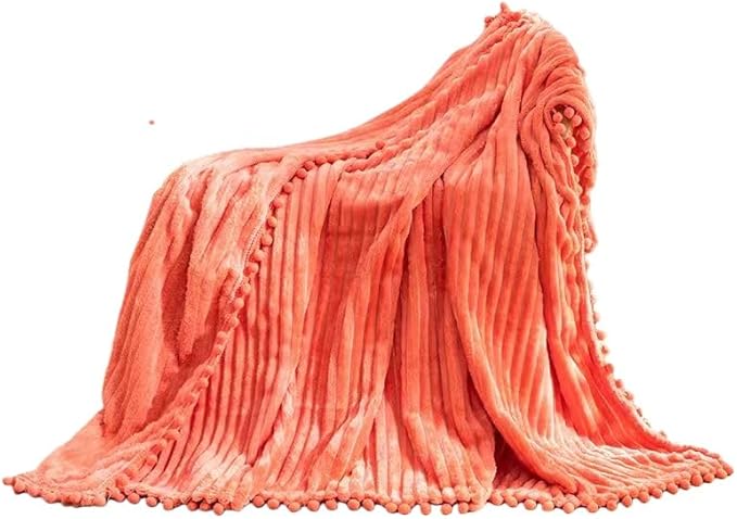 DISSA Fleece Blanket Throw Size – 51x63, Coral – Soft, Plush, Fluffy, Fuzzy, Warm, Cozy – Perfect Throw for Couch, Bed, Sofa - with Pompom Fringe - Flannel Blanket Throw Blanket