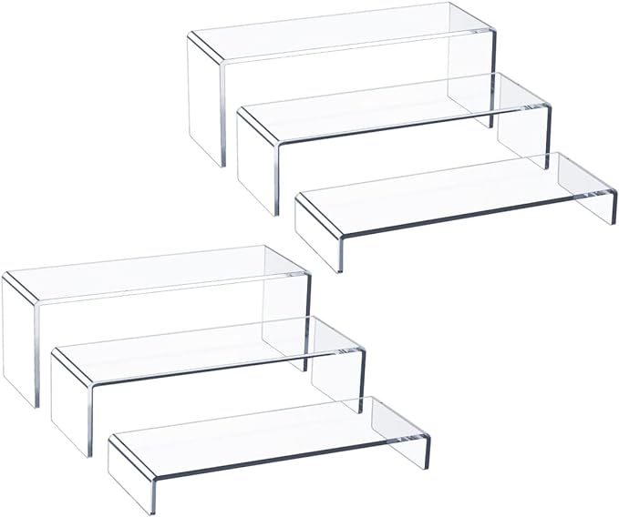 HIIMIEI Acrylic Display Riser, 6 Pcs 12" Large Acrylic Risers, Thickened to 5mm Clear Rectangular Display Shelf for Cupcake Stand, Tiered Display Stand for gemstone, curio, figurines, Collectibles