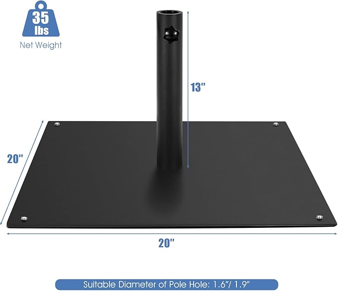 HAPPYGRILL 20” Patio Umbrella Base, 35 LBS Square Outdoor Market Umbrella Base Stand with 4 Adjustable Footpads, 1.6”/1.9” Adapters, Tightening Knob, Quick Setup, Weather-proof Umbrella Holder